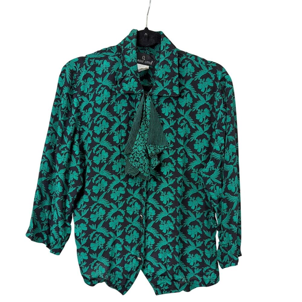 Vintage 90's Carole Little Green & Black Patterned Top Made in USA Size 12
